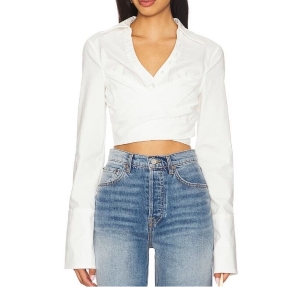 Camila Coelho  Cropped  Wrap Shirt in White size L long sleeves